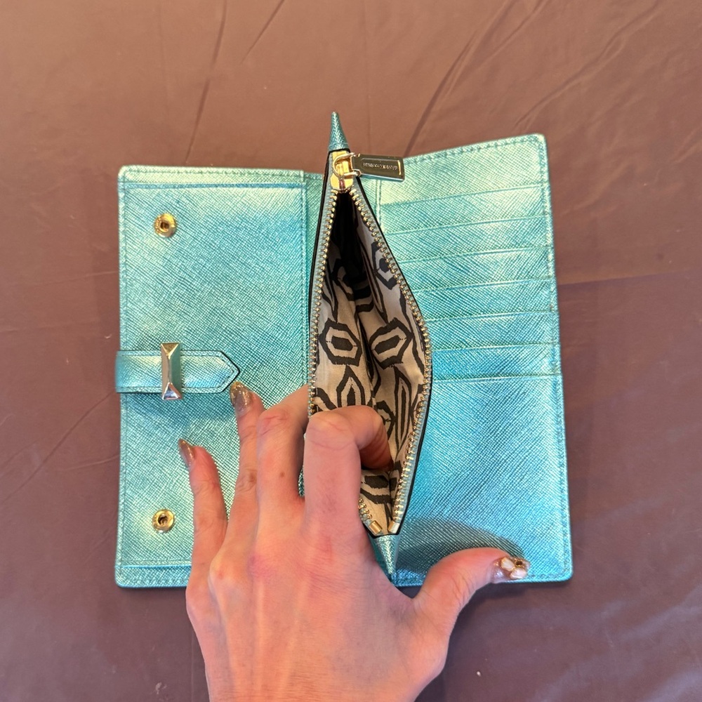 NWOT Rebecca Minkoff Metallic Teal Saffiano Leather slim wallet MSRP $195 - Picture 8 of 10